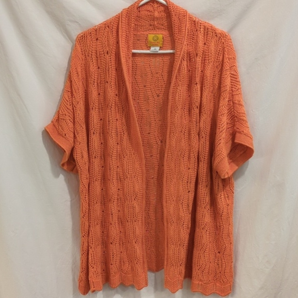Ruby Rd. | Pointelle Knit Cardigan Open Front Orange Sherbet Short Sleeve | 2X